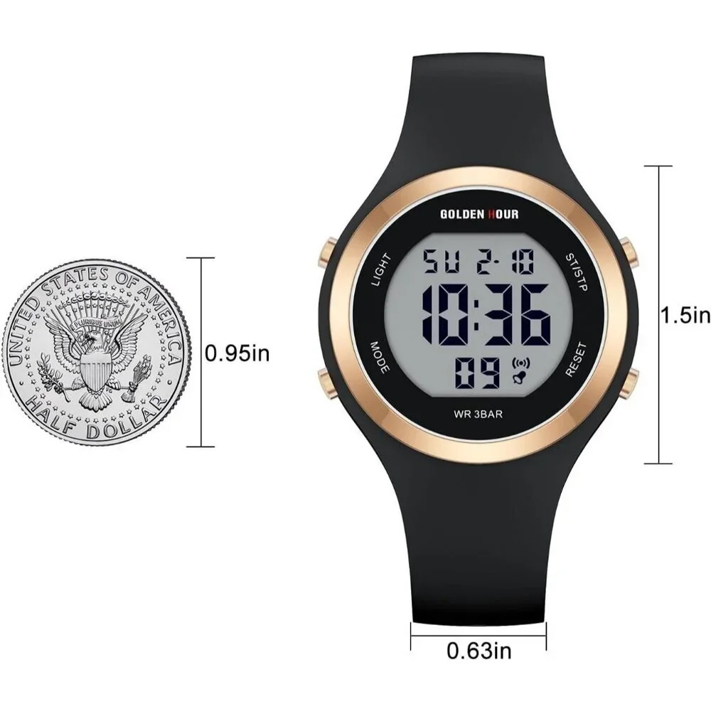 Unisex Black Silicone Digital Sports Gold Bezel Water-Resistant Alarm Stopwatch